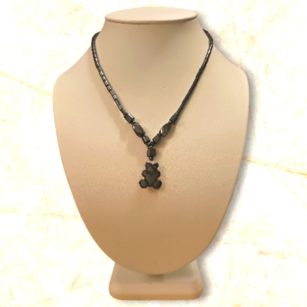 Unique,Vintage,Hematite TEDDY BEAR pendant and necklace.